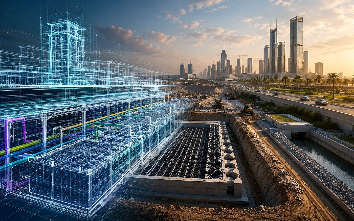 BIM digital wireframe model overlaid on a real stormwater construction site