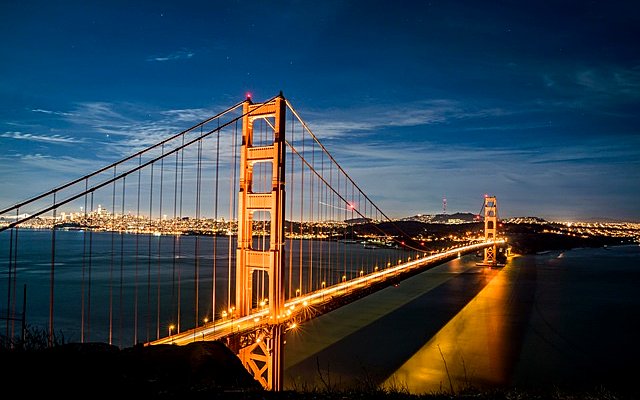 Suspension bridge illuminated at night