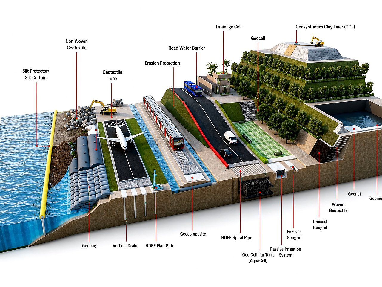 3D cutaway of geosynthetic applications across infrastructure
