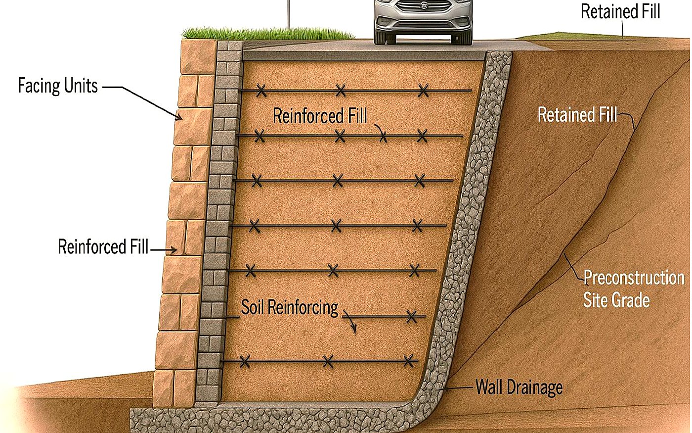 MSE retaining wall cutaway showing facing units, reinforced fill, and soil reinforcement layers