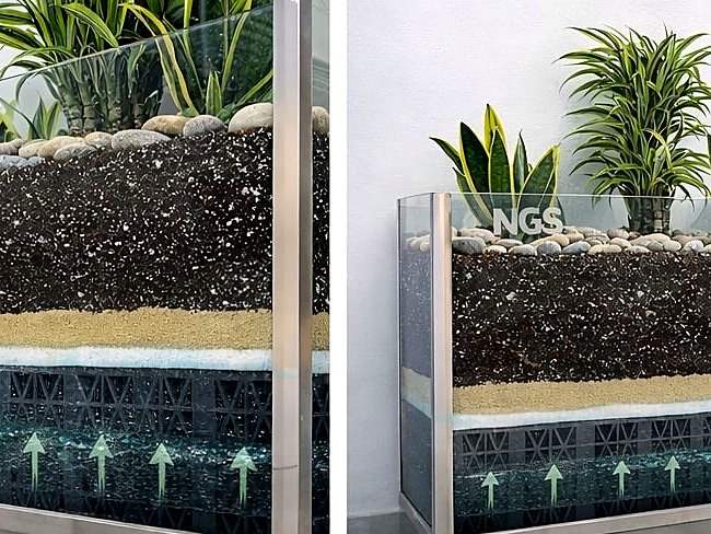 NGS passive irrigation planter cutaway showing soil layers and geo-cellular base