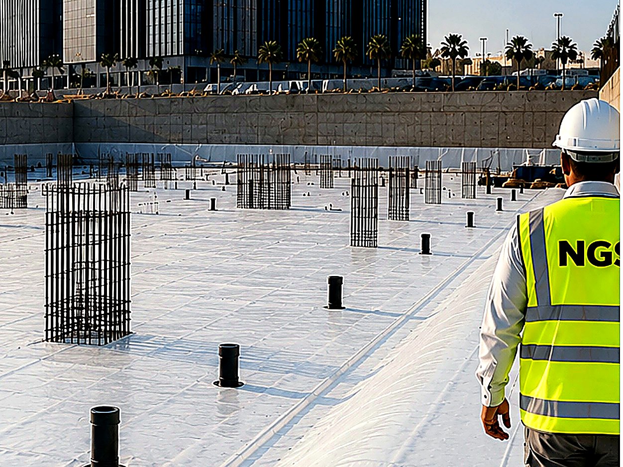 NGS engineer on a white waterproofing membrane at a Saudi project site