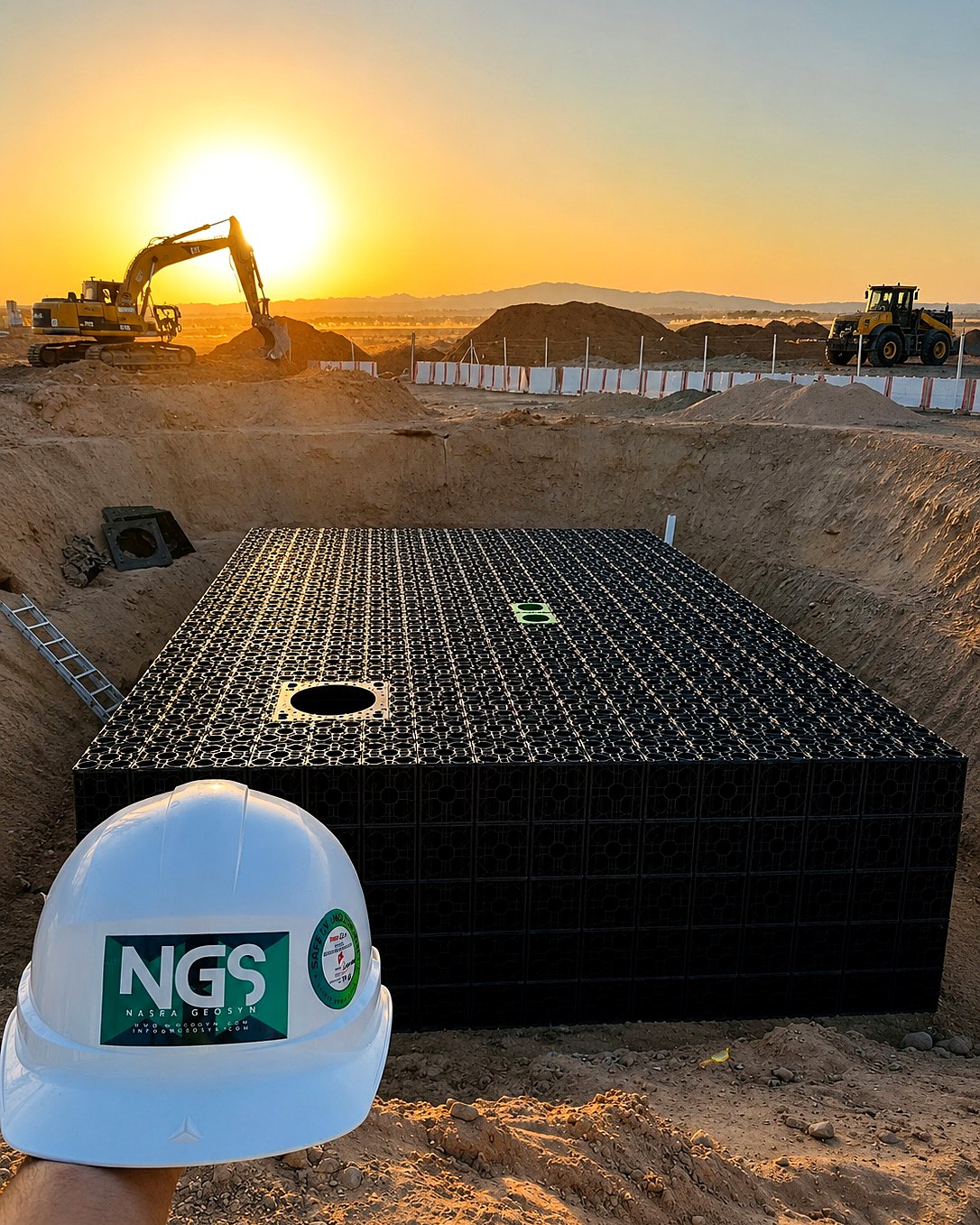 NGS hard hat held up in front of an installed AquaCell geocellular tank at a Saudi site at sunset