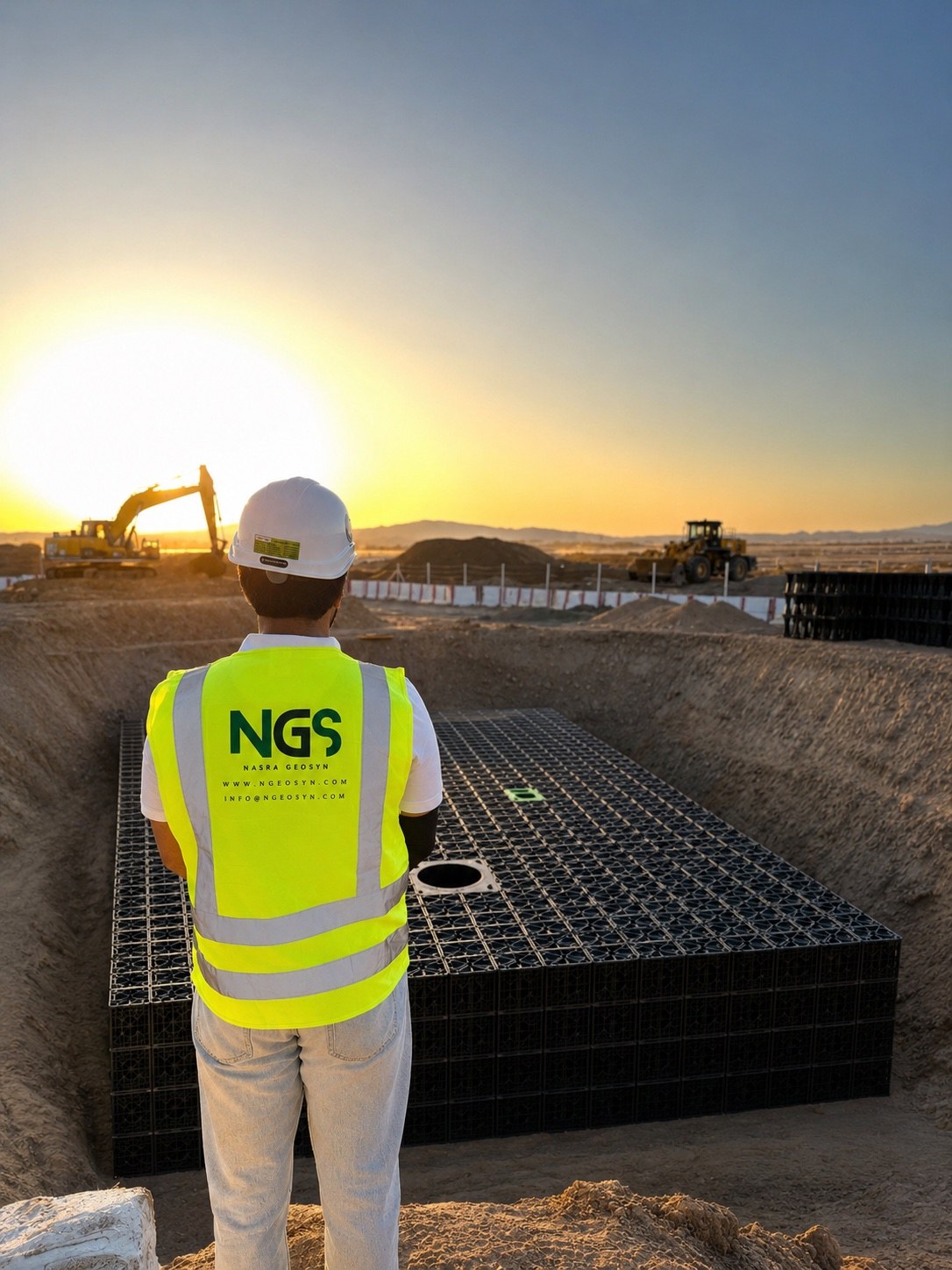 NGS engineer overlooking an installed AquaCell stormwater tank at a Saudi construction site at dusk